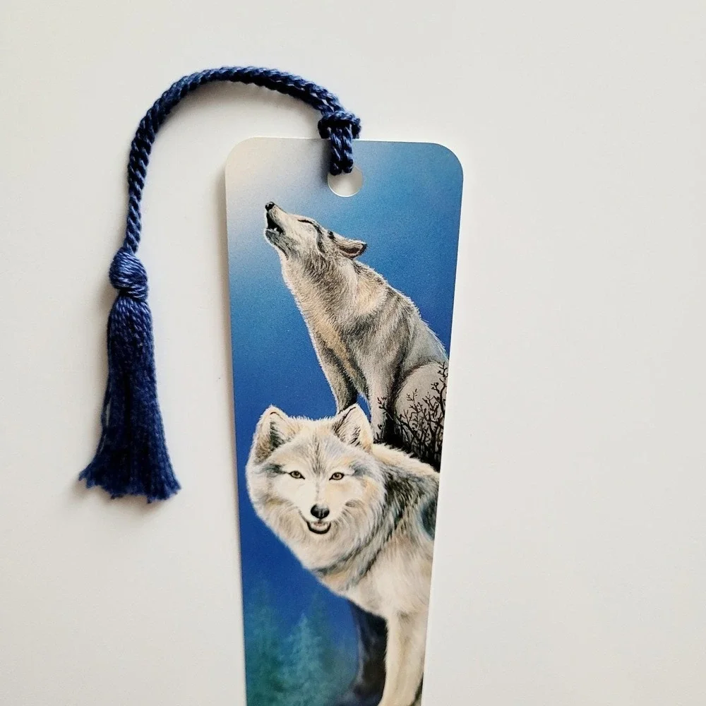 Vintage 90s Wild & Free Tassel Bookmark Gray Wolf dog howling 1995 Artworks WA01